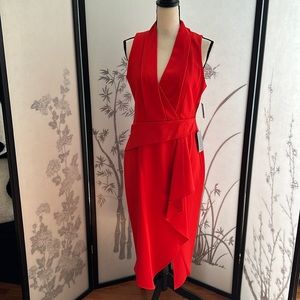 NWT Taylor Shawl Faux Wrap Ruffled Dress, Red, Size 10